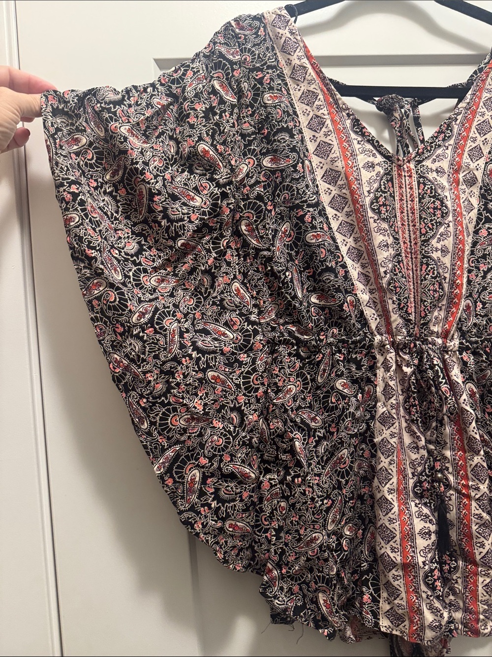 Angie Black Paisley Small V-Neck Romper with Cream & Red Trim and Cinched Waist - Picture 3 of 6